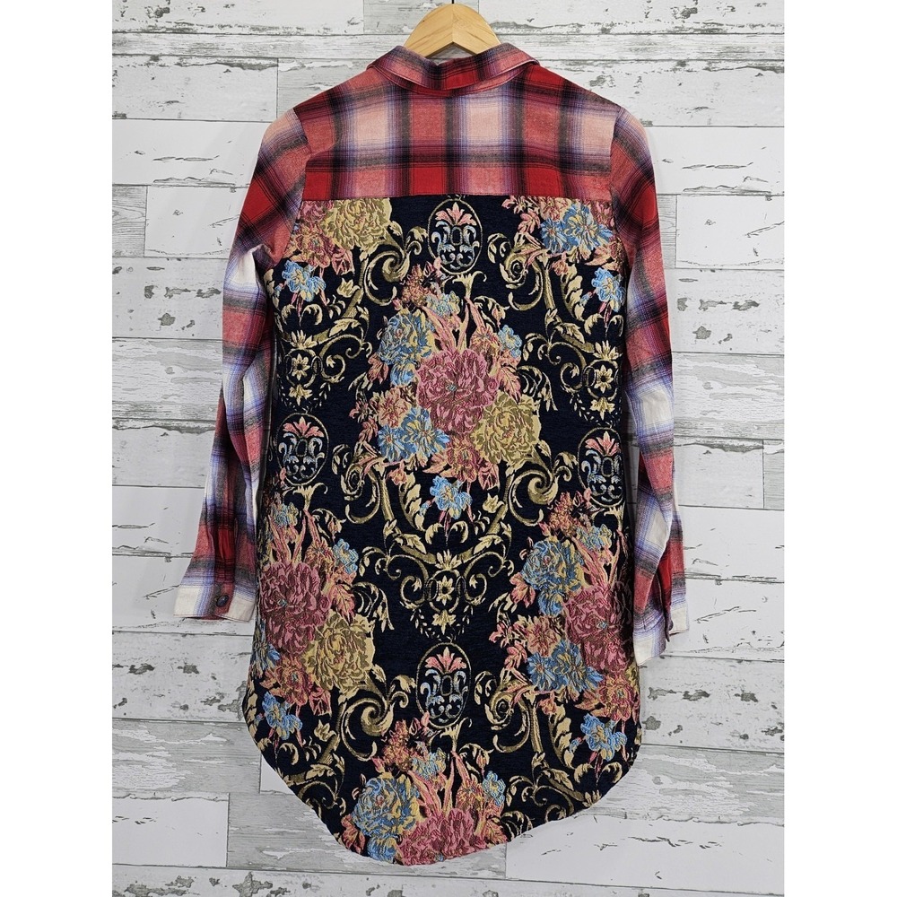 Soft Surroundings Plaid Floral Tapestry Tunic Shirt Red XS Mixed Media Pockets